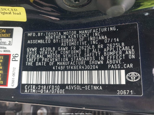 Aukcja sprzedaży 2014 Toyota Camry L/se/le/xle, vin: 4T4BF1FK6ER430204, numer aukcji: 44897148