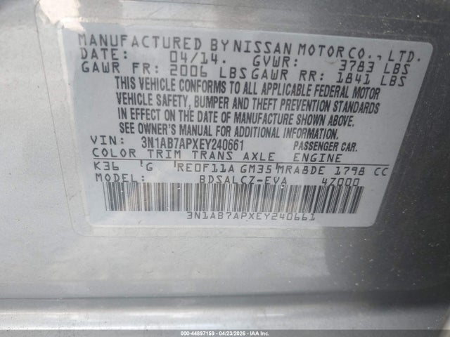 2014 Nissan Sentra S მანქანა იყიდება აუქციონზე, vin: 3N1AB7APXEY240661, აუქციონის ნომერი: 44897159