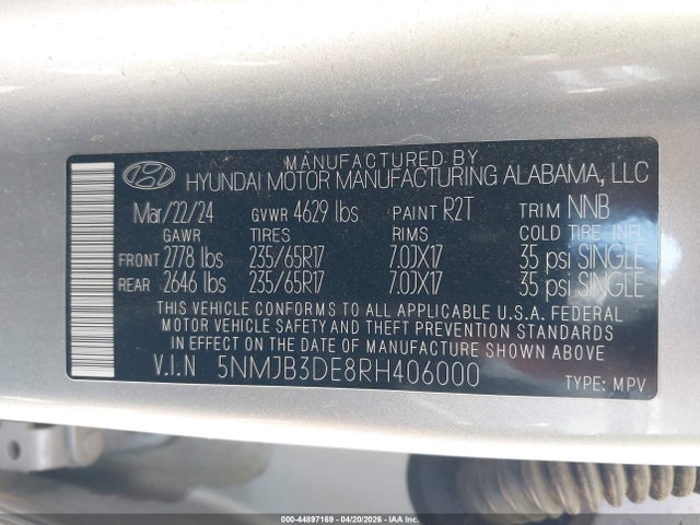 44897169 :رقم المزاد ، 5NMJB3DE8RH406000 vin ، 2024 Hyundai Tucson Sel مزاد بيع