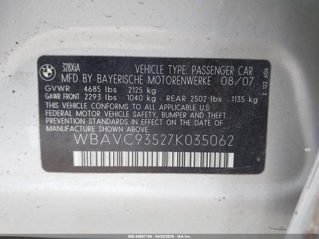 Продажа на аукционе авто 2007 Bmw 328xi, vin: WBAVC93527K035062, номер лота: 44897186