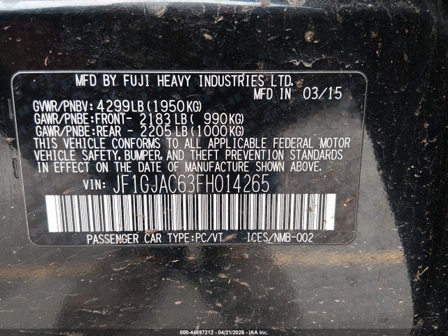 44897212 :رقم المزاد ، JF1GJAC63FH014265 vin ، 2015 Subaru Impreza 2.0i Premium مزاد بيع
