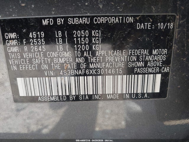 Продаж на аукціоні авто 2019 Subaru Legacy 2.5i Premium, vin: 4S3BNAF6XK3014615, номер лоту: 44897216