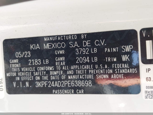 3KPF24AD2PE638698 KIA Forte Lxs