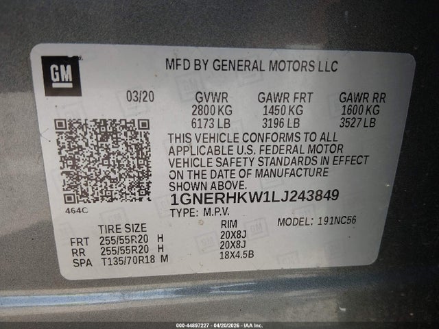 44897227 :رقم المزاد ، 1GNERHKW1LJ243849 vin ، 2020 Chevrolet Traverse Fwd Lt Leather مزاد بيع