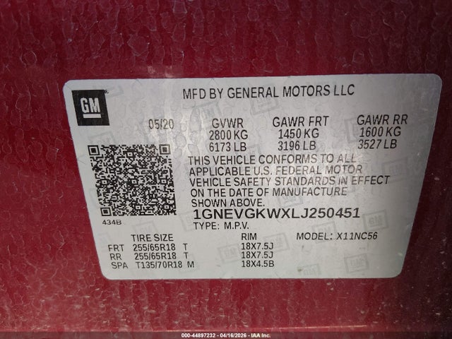 Продажа на аукционе авто 2020 Chevrolet Traverse Awd Lt Cloth, vin: 1GNEVGKWXLJ250451, номер лота: 44897232