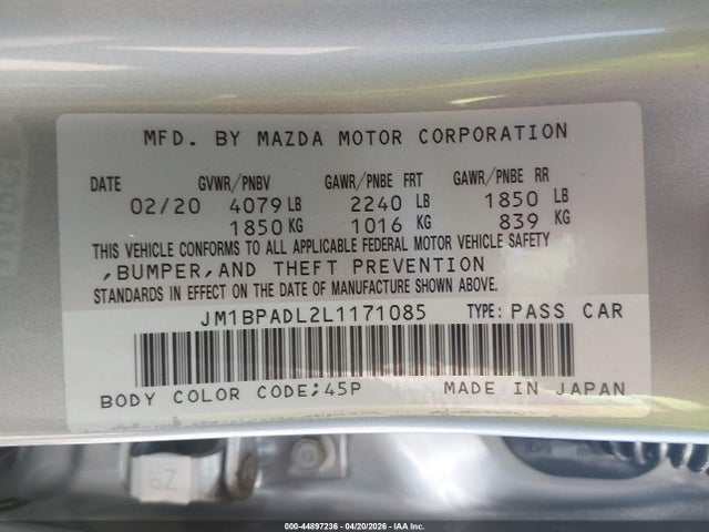 Aukcja sprzedaży 2020 Mazda Mazda3 Preferred Package, vin: JM1BPADL2L1171085, numer aukcji: 44897236
