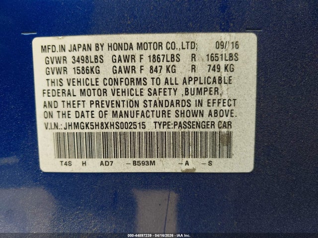 JHMGK5H8XHS002515 Honda Fit Ex-l