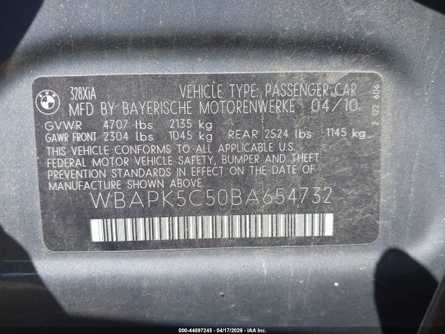 2011 Bmw 328i Xdrive მანქანა იყიდება აუქციონზე, vin: WBAPK5C50BA654732, აუქციონის ნომერი: 44897245