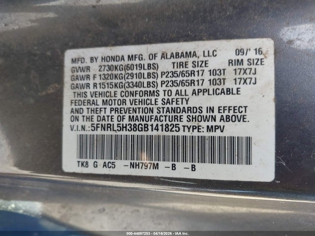 2016 Honda Odyssey Se მანქანა იყიდება აუქციონზე, vin: 5FNRL5H38GB141825, აუქციონის ნომერი: 44897253
