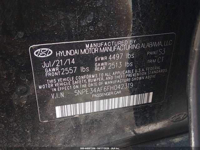 44897256 :رقم المزاد ، 5NPE34AF6FH042319 vin ، 2015 Hyundai Sonata Limited مزاد بيع
