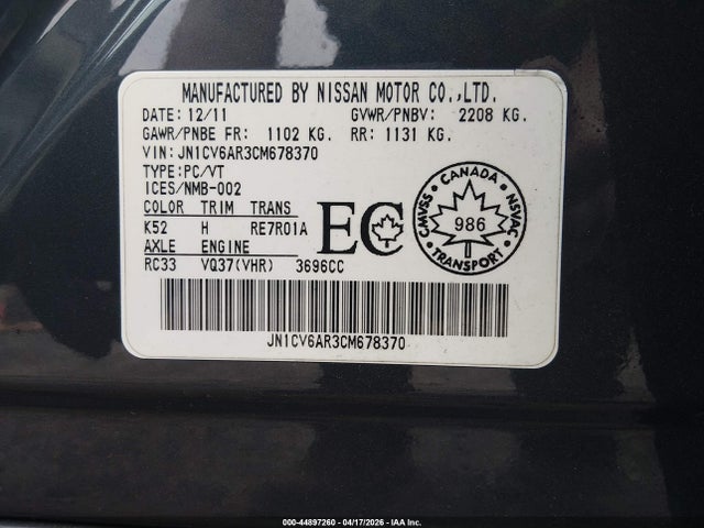 44897260 :رقم المزاد ، JN1CV6AR3CM678370 vin ، 2012 Infiniti G37x مزاد بيع