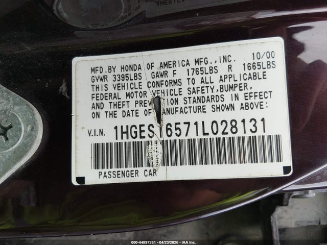 Продажа на аукционе авто 2001 Honda Civic Lx, vin: 1HGES16571L028131, номер лота: 44897261
