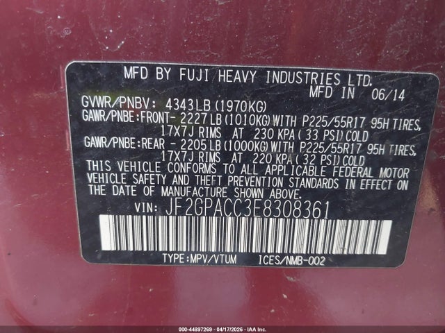 44897269 :رقم المزاد ، JF2GPACC3E8308361 vin ، 2014 Subaru Xv Crosstrek 2.0i Premium مزاد بيع