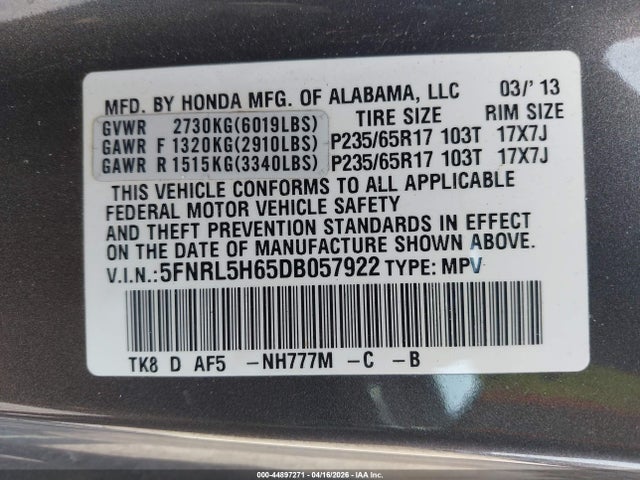 2013 HONDA ODYSSEY 5FNRL5H65DB057922 Photo 8