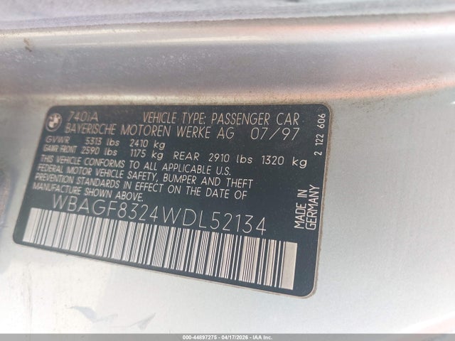 Продажа на аукционе авто 1998 Bmw 740ia, vin: WBAGF8324WDL52134, номер лота: 44897275