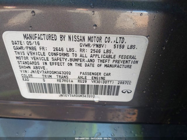 44897283 :رقم المزاد ، JN1EV7AR0GM343202 vin ، 2016 Infiniti Q50 3.0t Premium مزاد بيع