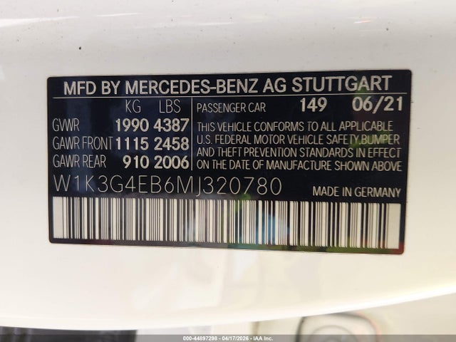 Aukcja sprzedaży 2021 Mercedes-benz A 220, vin: W1K3G4EB6MJ320780, numer aukcji: 44897298