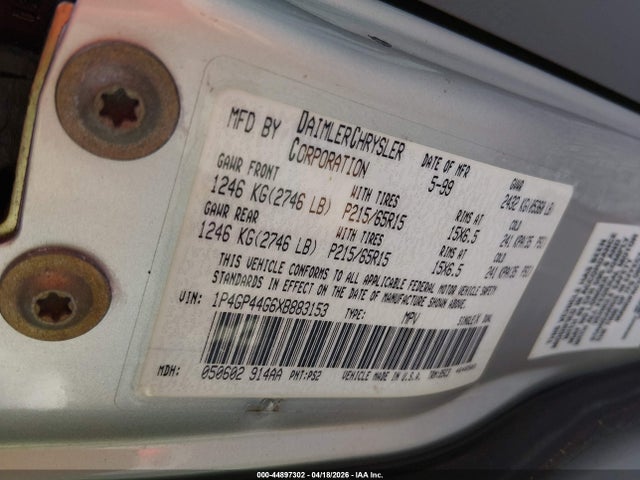 Aukcja sprzedaży 1999 Plymouth Grand Voyager Se, vin: 1P4GP44G6XB883153, numer aukcji: 44897302