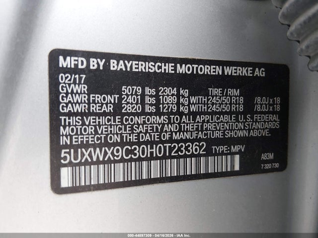 Продажа на аукционе авто 2017 Bmw X3 Xdrive28i, vin: 5UXWX9C30H0T23362, номер лота: 44897309