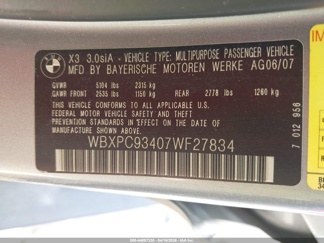44897330 :رقم المزاد ، WBXPC93407WF27834 vin ، 2007 Bmw X3 3.0si مزاد بيع