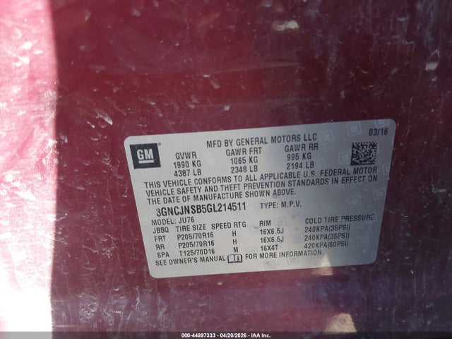 Aukcja sprzedaży 2016 Chevrolet Trax 1ls, vin: 3GNCJNSB5GL214511, numer aukcji: 44897333