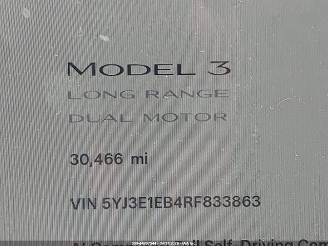 Aukcja sprzedaży 2024 Tesla Model 3 Long Range Dual Motor All-wheel Drive, vin: 5YJ3E1EB4RF833863, numer aukcji: 44897344