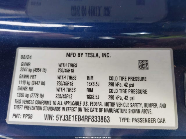 Aukcja sprzedaży 2024 Tesla Model 3 Long Range Dual Motor All-wheel Drive, vin: 5YJ3E1EB4RF833863, numer aukcji: 44897344