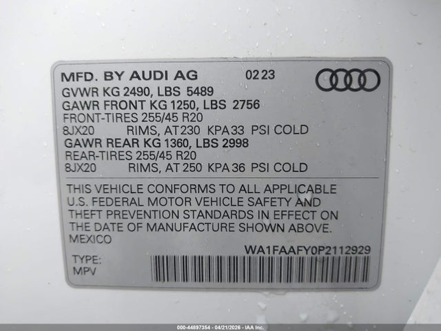 Aukcja sprzedaży 2023 Audi Q5 Prestige 45 Tfsi S Line Quattro S Tronic, vin: WA1FAAFY0P2112929, numer aukcji: 44897354