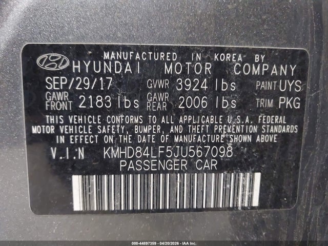 Aukcja sprzedaży 2018 Hyundai Elantra Value Edition, vin: KMHD84LF5JU567098, numer aukcji: 44897359