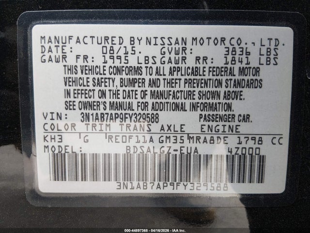 3N1AB7AP9FY329588 Nissan SENTRA SL