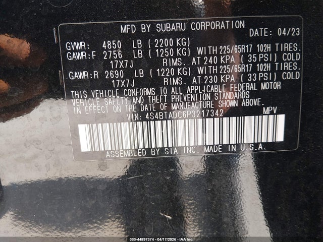 Продаж на аукціоні авто 2023 Subaru Outback Premium, vin: 4S4BTADC6P3217342, номер лоту: 44897374