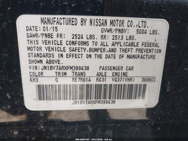 2015 Infiniti Q50 Premium მანქანა იყიდება აუქციონზე, vin: JN1BV7ARXFM399438, აუქციონის ნომერი: 44897387