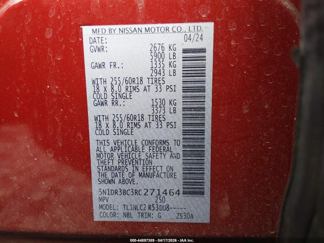 Aukcja sprzedaży 2024 Nissan Pathfinder Sv 4wd, vin: 5N1DR3BC3RC271464, numer aukcji: 44897389