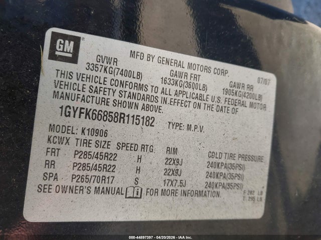 Aukcja sprzedaży 2008 Cadillac Escalade Esv Standard, vin: 1GYFK66858R115182, numer aukcji: 44897397