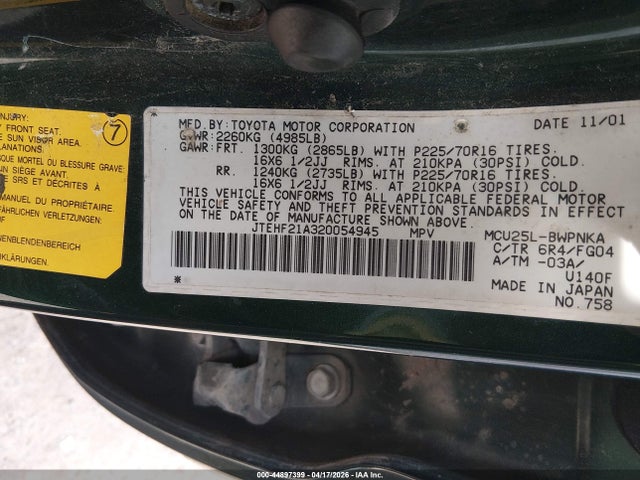 2002 TOYOTA HIGHLANDER JTEHF21A320054945 Photo 8