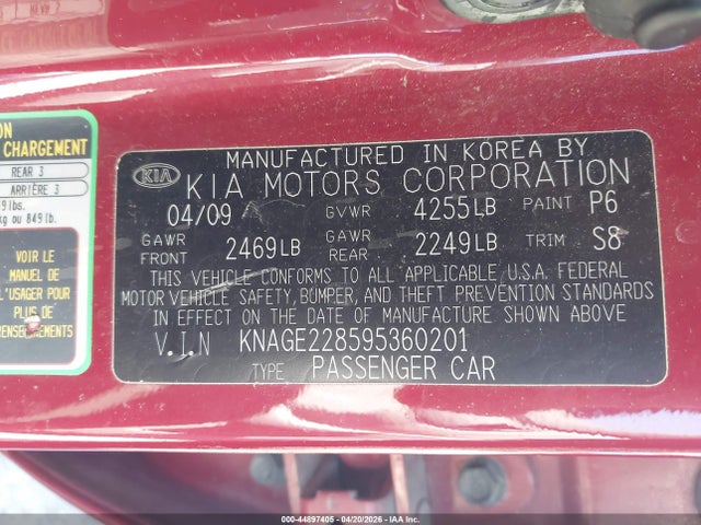 44897405 :رقم المزاد ، KNAGE228595360201 vin ، 2009 Kia Optima Lx مزاد بيع