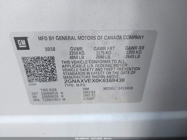 Aukcja sprzedaży 2019 Chevrolet Equinox Lt, vin: 2GNAXVEX0K6169438, numer aukcji: 44897431