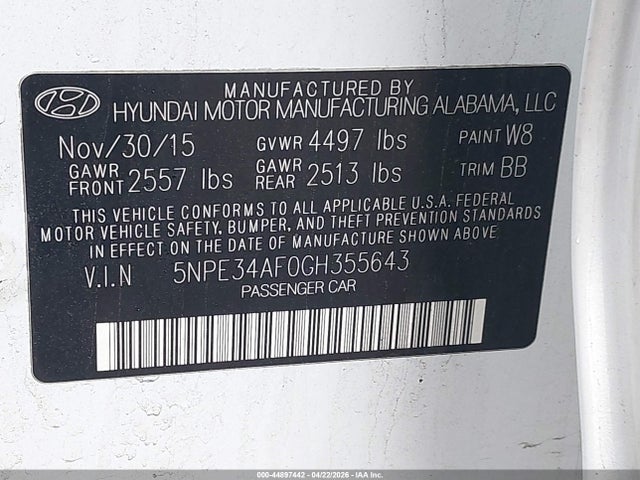 Продажа на аукционе авто 2016 Hyundai Sonata Sport, vin: 5NPE34AF0GH355643, номер лота: 44897442