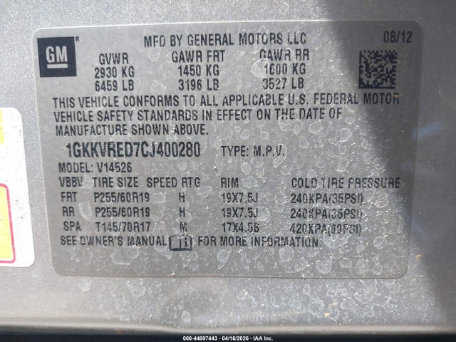 Продаж на аукціоні авто 2012 Gmc Acadia Slt-1, vin: 1GKKVRED7CJ400280, номер лоту: 44897443