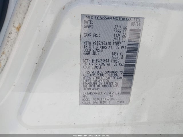 2014 Nissan Pathfinder S მანქანა იყიდება აუქციონზე, vin: 5N1AR2MN8EC724211, აუქციონის ნომერი: 44897444