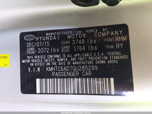 Продажа на аукционе авто 2016 Hyundai Veloster, vin: KMHTC6AD7GU285299, номер лота: 44897460