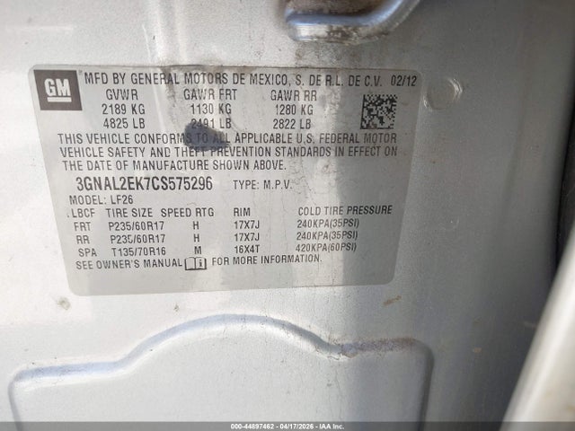 44897462 :رقم المزاد ، 3GNAL2EK7CS575296 vin ، 2012 Chevrolet Captiva Sport 2ls مزاد بيع