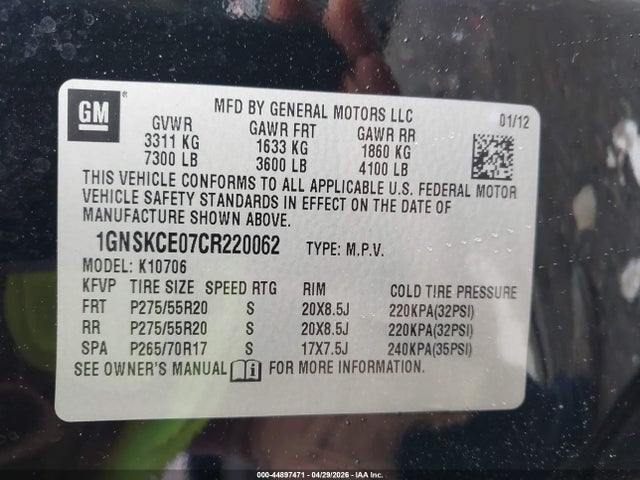 44897471 :رقم المزاد ، 1GNSKCE07CR220062 vin ، 2012 Chevrolet Tahoe Ltz مزاد بيع
