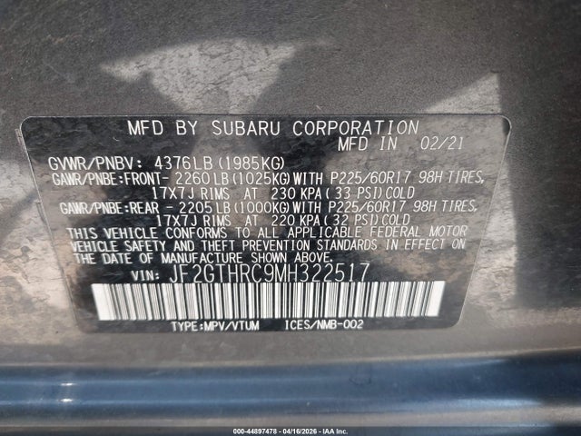 Aukcja sprzedaży 2021 Subaru Crosstrek Sport, vin: JF2GTHRC9MH322517, numer aukcji: 44897478