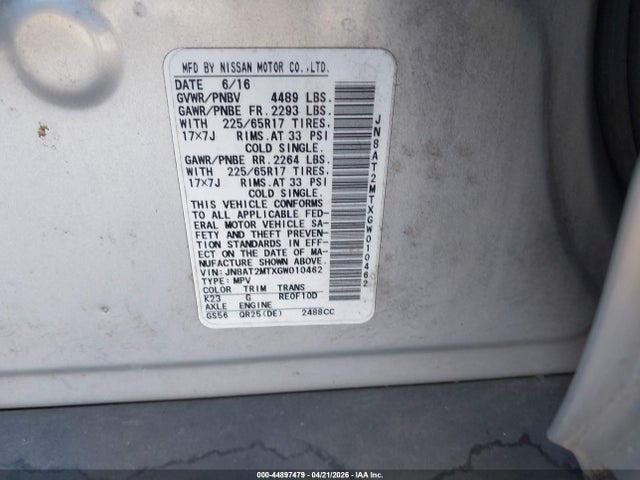 Aukcja sprzedaży 2016 Nissan Rogue S, vin: JN8AT2MTXGW010462, numer aukcji: 44897479