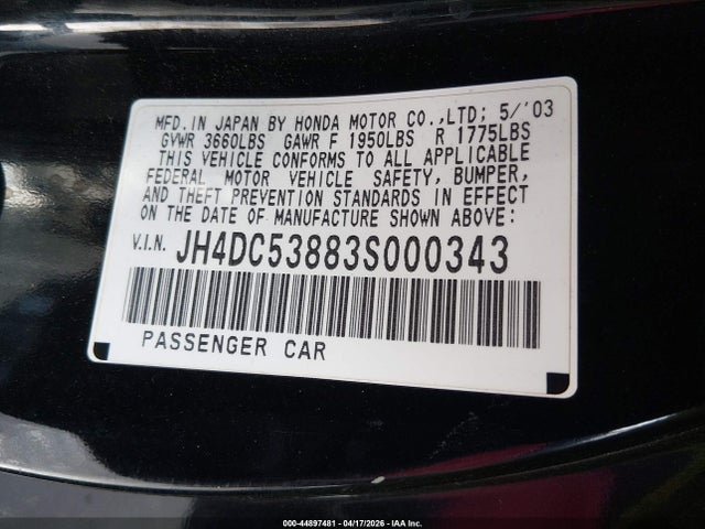 Продаж на аукціоні авто 2003 Acura Rsx, vin: JH4DC53883S000343, номер лоту: 44897481