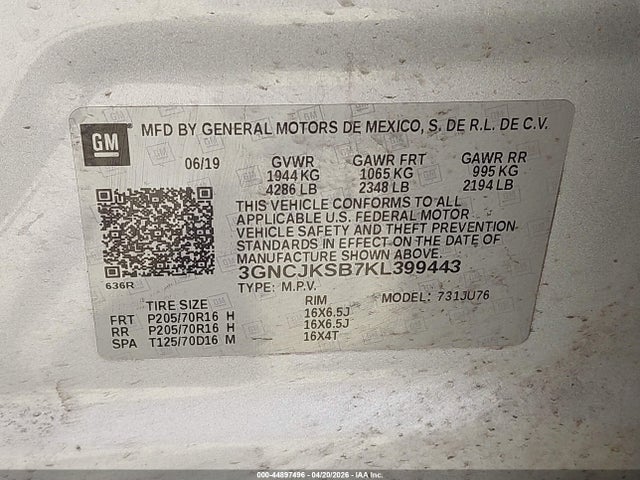 44897496 :رقم المزاد ، 3GNCJKSB7KL399443 vin ، 2019 Chevrolet Trax Ls مزاد بيع