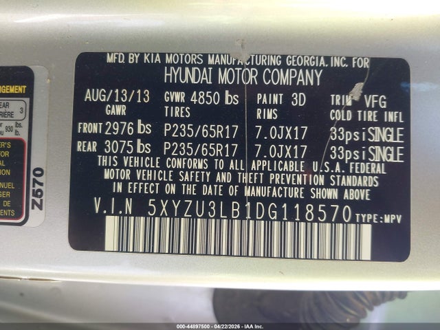Продаж на аукціоні авто 2013 Hyundai Santa Fe Sport, vin: 5XYZU3LB1DG118570, номер лоту: 44897500