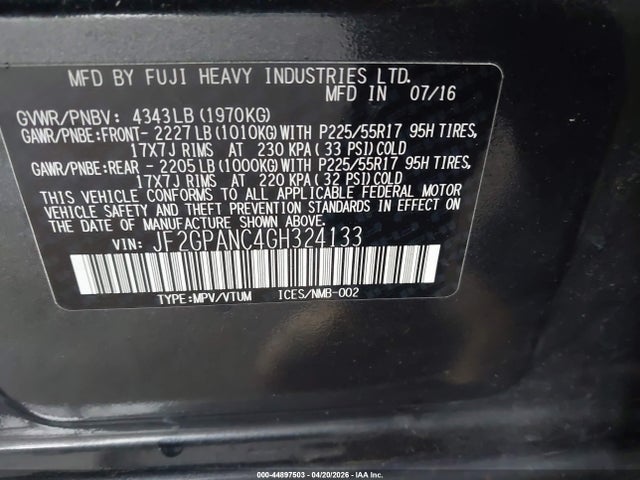 Aukcja sprzedaży 2016 Subaru Crosstrek 2.0i Limited, vin: JF2GPANC4GH324133, numer aukcji: 44897503