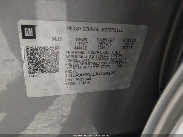 44897510 :رقم المزاد ، 1G1RA6S51JU139170 vin ، 2018 Chevrolet Volt Lt مزاد بيع